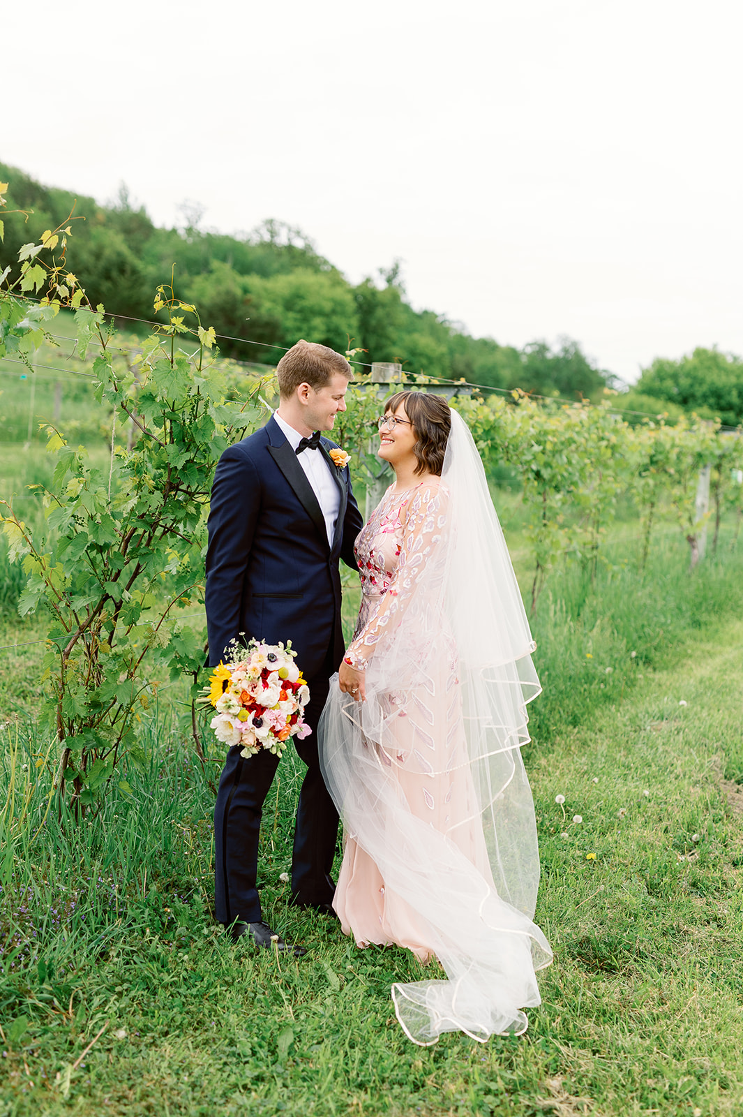 Newlyweds stand among grape vines while hugging in a pink gown and blue suit